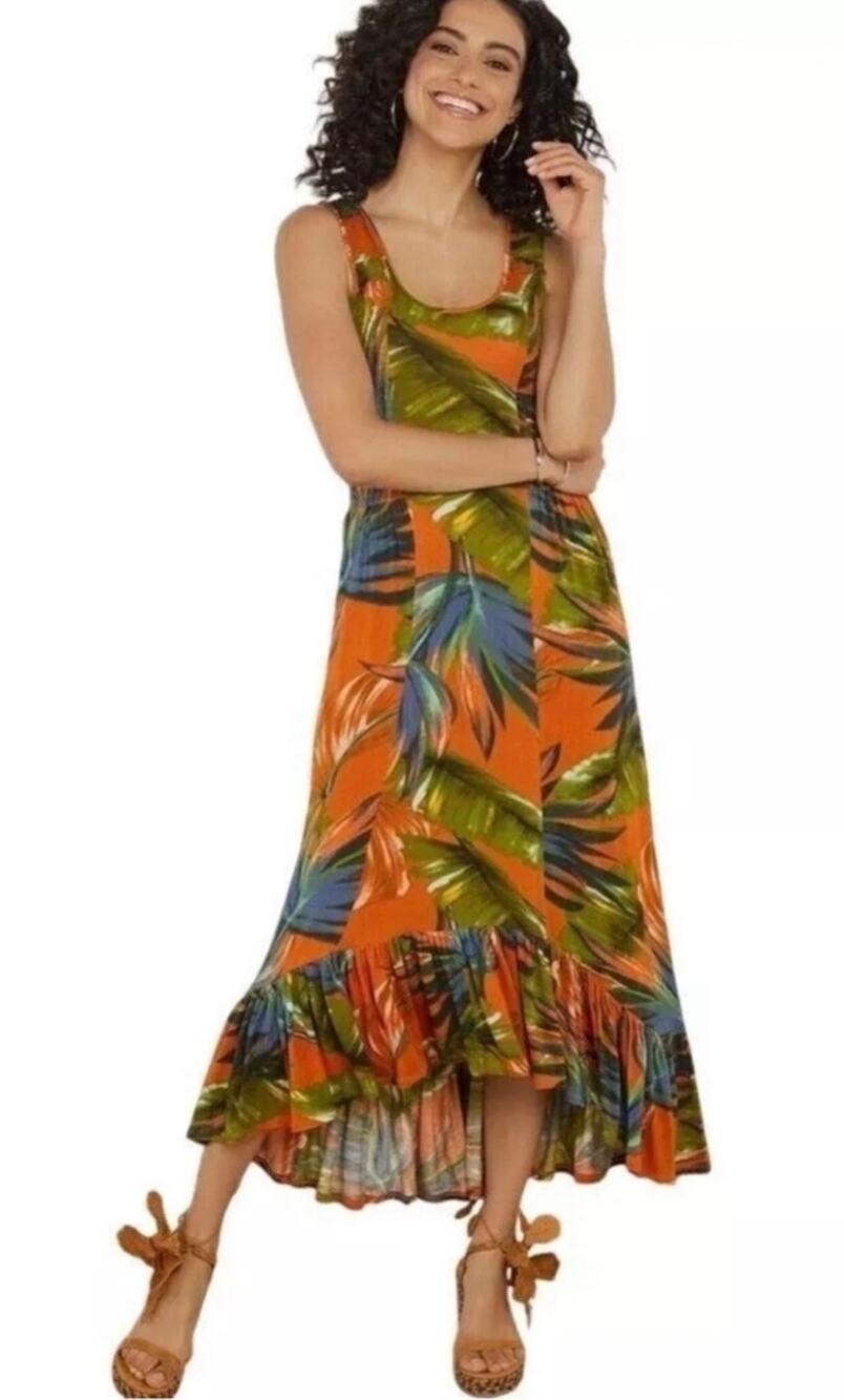 Soft Surroundings Fabiana Rouille Palms Dress Orange Large High-Low Hem Jersey
